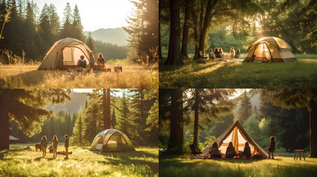 Collage of camping tents in the forest. Camping concept.の素材