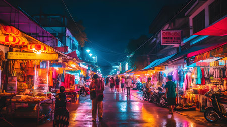 Unidentified Thai people walking and shopping at night market in Kanchanaburi, Thailand.の素材