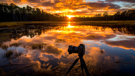 Camera on tripod in the lake with sunset sky and clouds at backgroundの素材