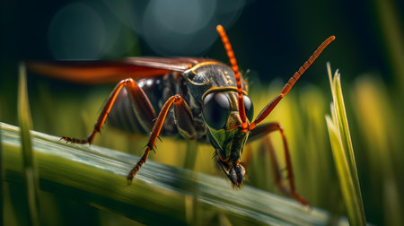 Close-up of the head of a hornet on the grassの素材