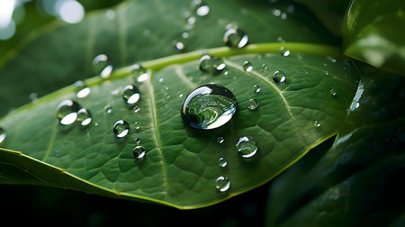 Water drop on green leaf macro close-up. Nature background.の素材