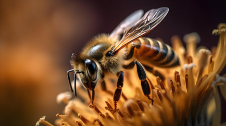 Macro of a bee collecting pollen from a dandelion flowerの素材