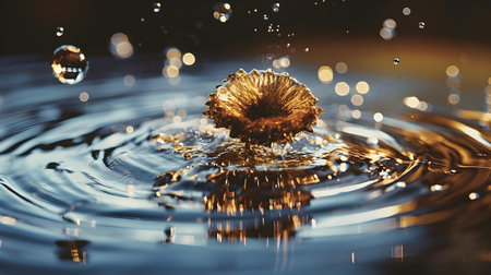 Falling drops of water. Splash effect after collision a falling drops with water surfaceの素材