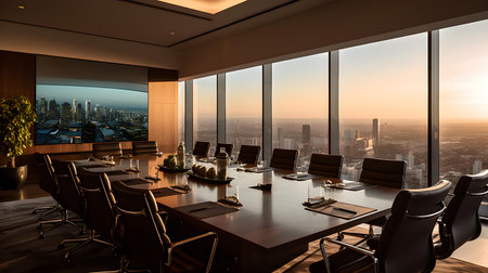 Modern meeting room interior with panoramic city view. 3D renderingの素材