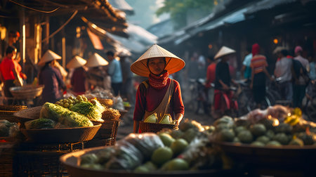 Vietnamese woman selling fresh vegetables on the street market in Vietnamの素材