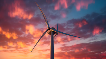 Wind turbines at sunset. Alternative energy source. 3D rendering.の素材