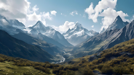 Mountain landscape with snow and clear blue sky. 3d renderingの素材