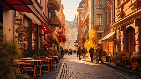 Street in the old town of Riga at sunset, Latvia.の素材