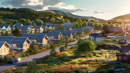 Village with solar panels on the roof. The concept of eco-friendly housing.の素材