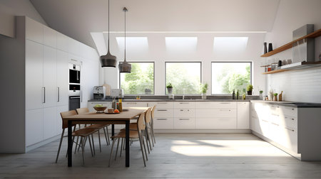 3d illustration of white modern kitchen in a house with a beautiful designの素材