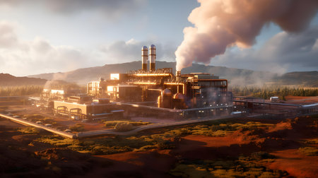 Industrial landscape with smokestack and chimney. 3d renderingの素材
