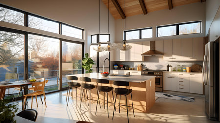 3d illustration of white modern kitchen in a house with a beautiful designの素材