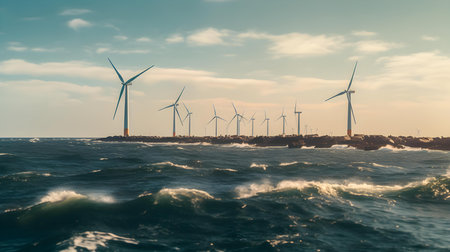 An image of wind turbines in the sea at sunset. Wind power generationの素材