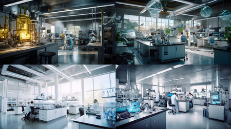 Collage of modern laboratory interior. Science and technology concept. 3D renderingの素材