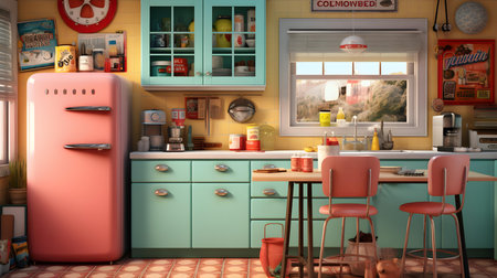 Kitchen interior with refrigerator and chairs. 3D rendering. Illustration.の素材