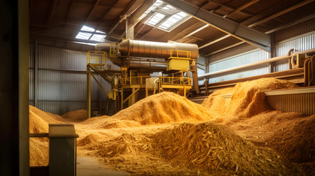 Pile of wheat in a factory - industrial background with copy spaceの素材