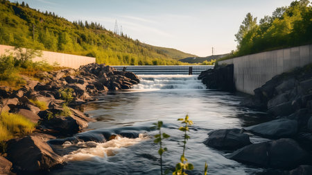 Water flowing over a dam on a river in the north of Norwayの素材