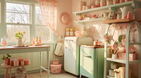 Children's kitchen interior in pastel colors. 3d rendering.の素材