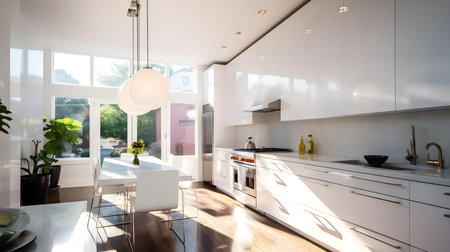 Interior of new luxury house, kitchen and dining room. Nobody insideの素材