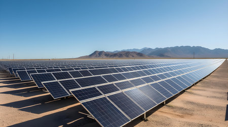 solar energy panels in the desert with mountains in the background.の素材