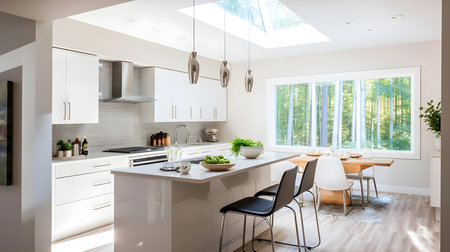 Interior new modern kitchen with white walls, white countertops and wooden floorの素材