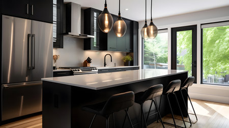 3d illustration of black modern kitchen in a house with a beautiful designの素材