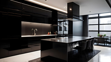 Luxury black modern kitchen interior design. 3D renderingの素材