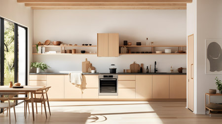 Interior of modern kitchen with white walls, wooden floor, beige countertops and wooden cupboards. 3d renderingの素材