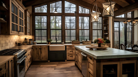 Interior of a modern kitchen in a country house with wooden furnitureの素材