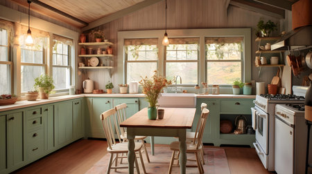 Interior of a rustic kitchen in a country house with wooden furnitureの素材
