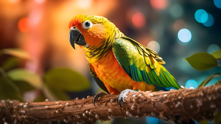 Beautiful colorful parrot sitting on branch with bokeh backgroundの素材