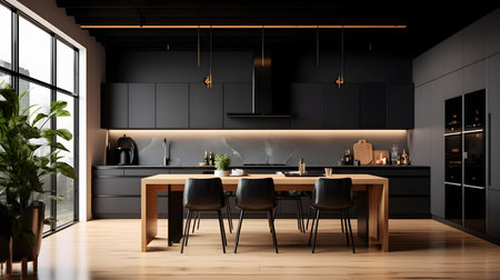 Interior of modern kitchen with black walls, wooden floor, dark wooden cupboards and gray countertops. 3d renderingの素材