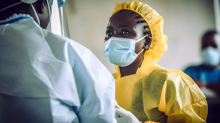 African american doctor in protective suit and mask looking at camera in hospitalの素材