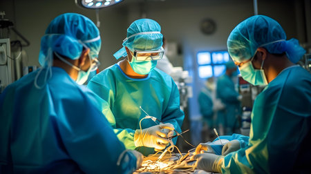 group of veterinarian surgery in operation room take with art lighting and blue filterの素材