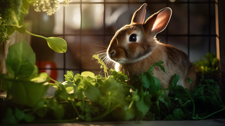 Rabbit in a cage on the background of green plants. Easter concept.の素材