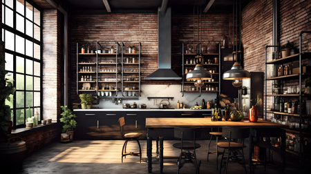 3d rendering interior of modern kitchen and dining room in loft styleの素材