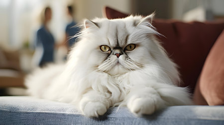 Cute persian cat on sofa in living room, closeupの素材