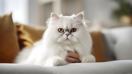 Cute white persian cat on sofa at home, closeupの素材