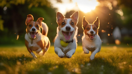 Three dogs running and jumping in the park at sunset. Concept of friendly family.の素材