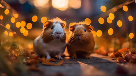 Two cute guinea pigs in the park with bokeh backgroundの素材