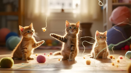 Cute little kitten playing with balls of yarn on floor at homeの素材