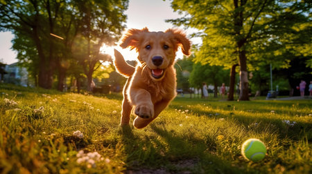 Golden retriever running with a ball in the park at sunsetの素材