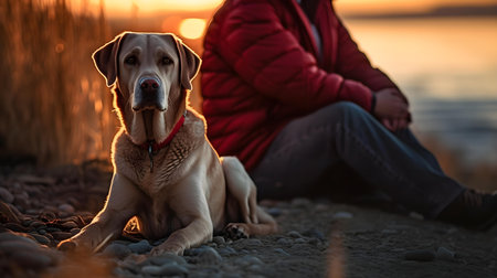 Labrador retriever dog with owner sitting on the beach at sunsetの素材