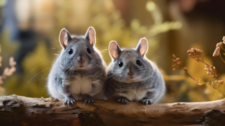 Two little mouse sitting on a log and looking at the camera.の素材
