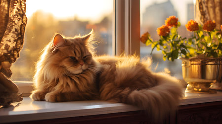 Siberian cat lying on the windowsill. Fluffy petの素材