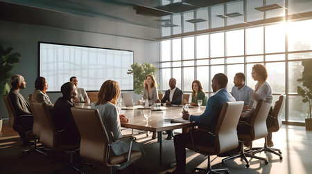 Group of diverse business people having a meeting in modern boardroom. Corporate business team and manager in a meeting at office.の素材