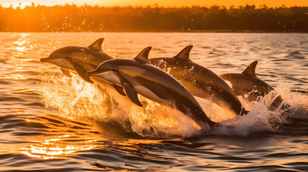 Dolphins jumping out of the water at sunset. Dolphins jumping out of the water.の素材