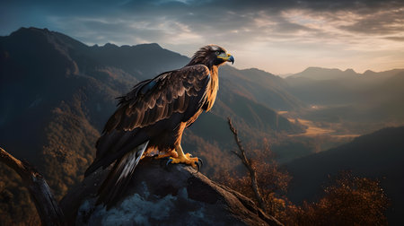Golden Eagle (Haliaeetus albicilla) sitting on a rock at sunset.の素材