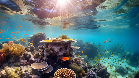 Underwater view of coral reef with fishes and corals. 3d renderingの素材