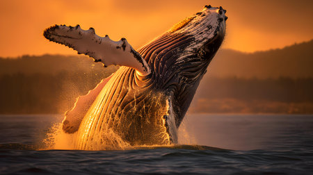 Humpback whale splashing out of the water at sunset. Wildlife scene from Alaska.の素材